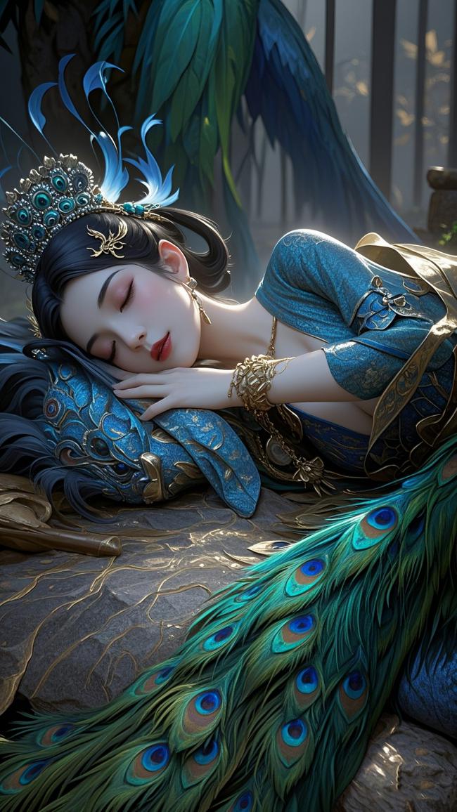 孔雀仙子静卧图：写实奇幻风