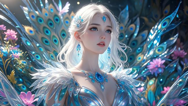 银发孔雀仙子奇幻插画