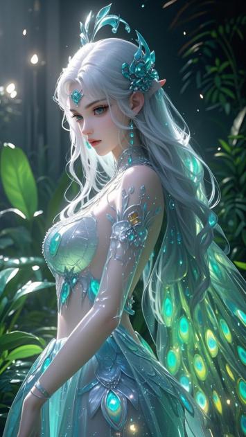银发仙子孔雀羽华服秘林光影图