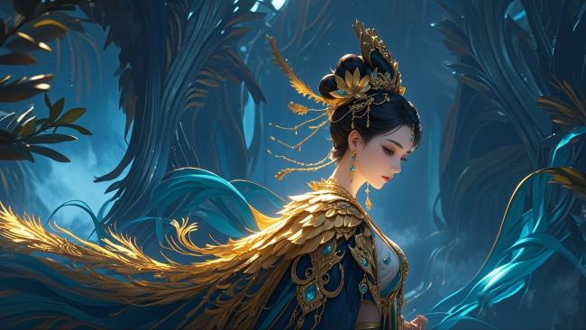 仙侠女神立于幽蓝秘境，金羽华裳映月辉