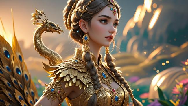 仙侠女神背龙展羽，金甲华裳映霞光