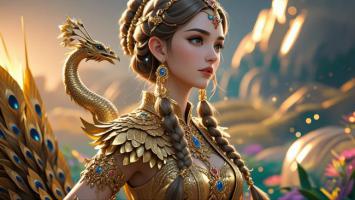 仙侠女神背龙展羽，金甲华裳映霞光