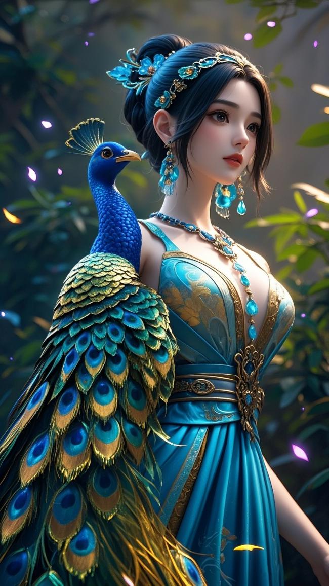 仙侠少女携孔雀立于林间，蓝金华服熠熠生辉