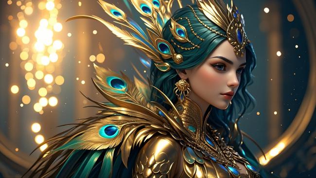 孔雀女神油画肖像，幻梦般神圣光芒