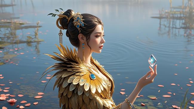 仙侠女子持镜映水，金羽华裳醉春光