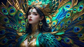 孔雀女神写实插画，华美羽翼映衬圣洁面容