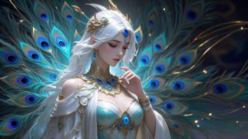 孔雀女神新国潮插画，蓝金羽翼梦幻绽放