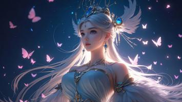 仙气缭绕的银发女神与蝶群共舞