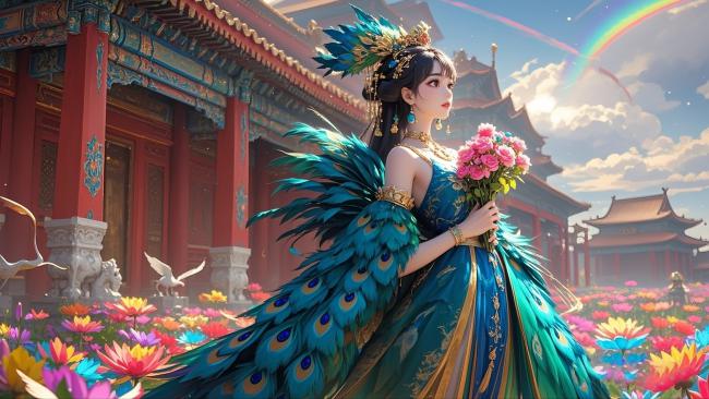 孔雀羽仙子立宫庭，彩虹映花海幻境