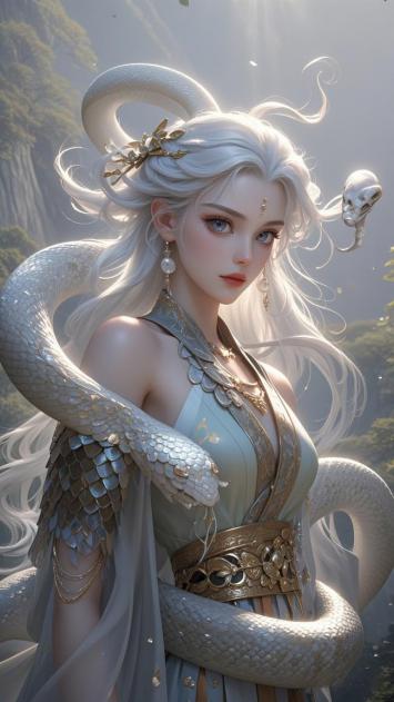 白发蛇神少女仙气飘飘，云山环绕幻境美图