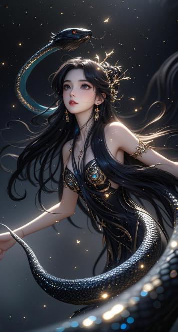黑蛇女神玄幻插画，星空下的神秘仙姿