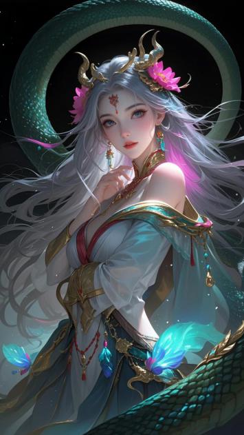 银发龙女与青鳞巨蛇共舞的仙侠玄幻插画