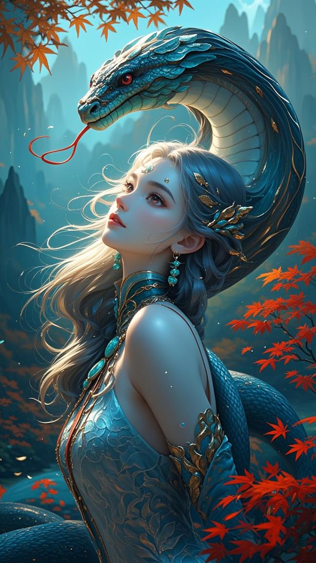 仙侠女神与青蛇共舞秋山红叶图