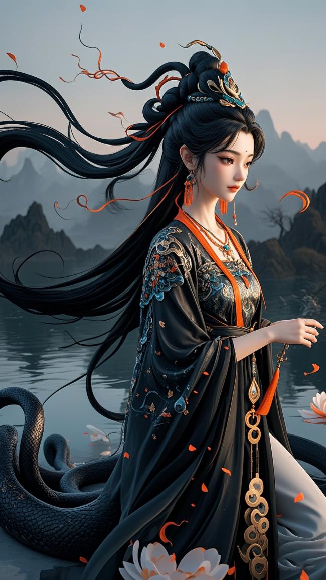 黑衣仙子伴蛇舞，水墨仙侠夜景图