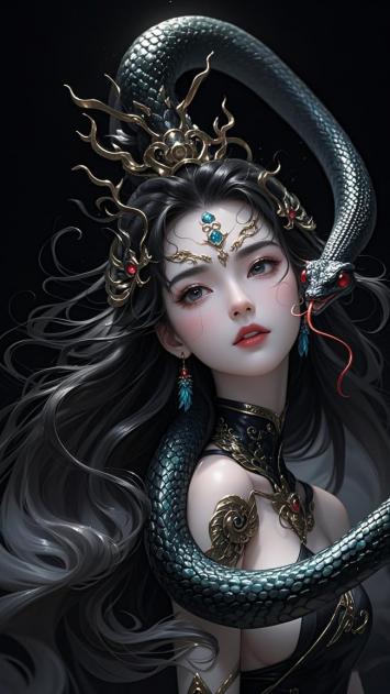 蛇神少女玄幻写真，黑金华服配碧眼红瞳 ✨