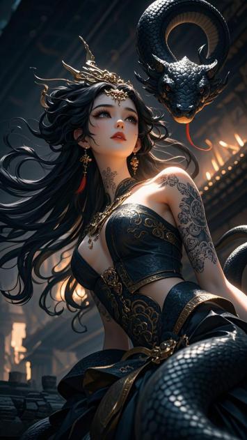 黑蛇女王玄幻插画，暗黑华丽东方神女