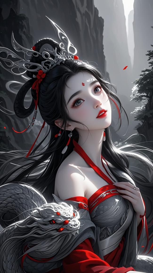 仙侠红衣女子与银龙相伴插画