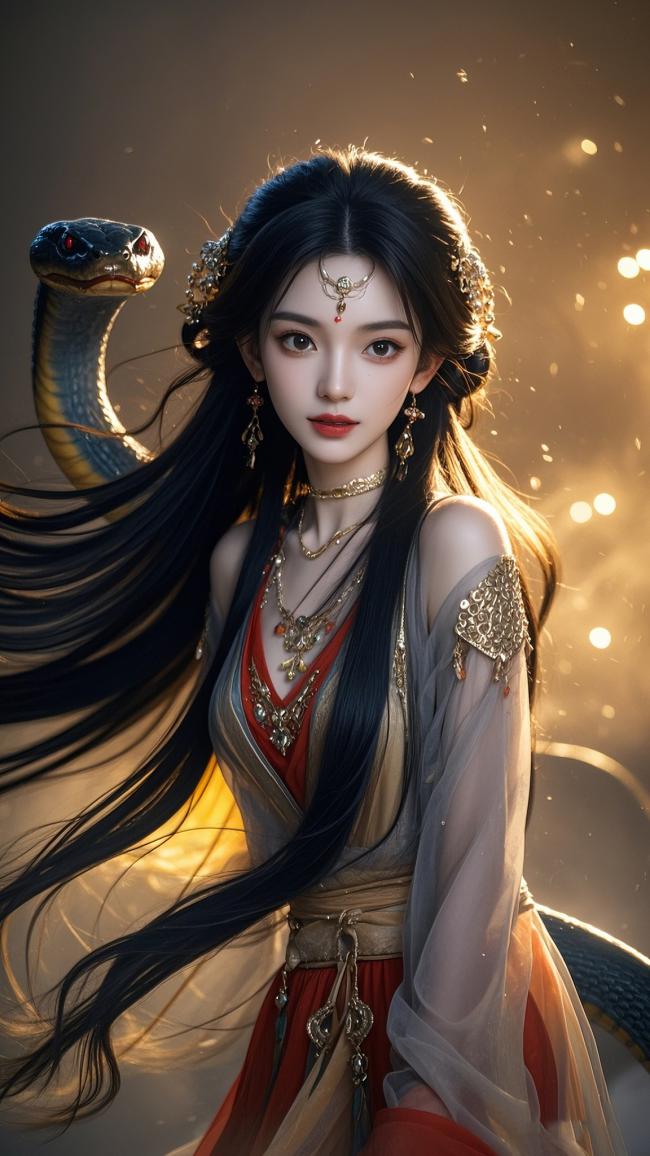 古风仙侠美女与黑蛇相伴，光影唯美如画