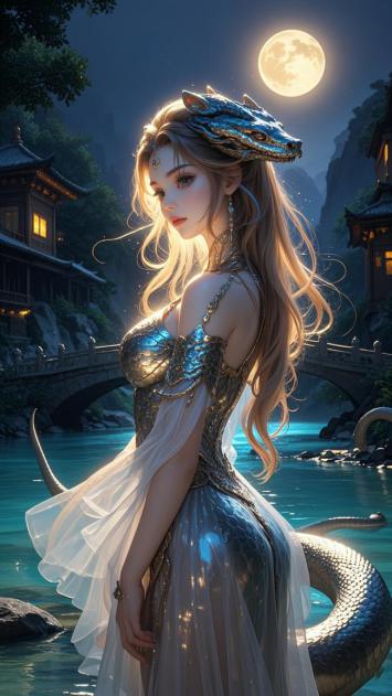 月夜龙女立水畔，仙侠玄幻意境浓