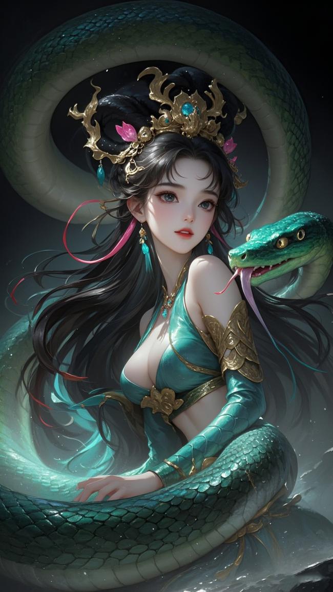 青蛇缠身仙子图：写实玄幻风神女插画