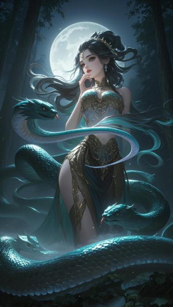 月夜青蛇伴仙姬 · 水墨仙侠风插画