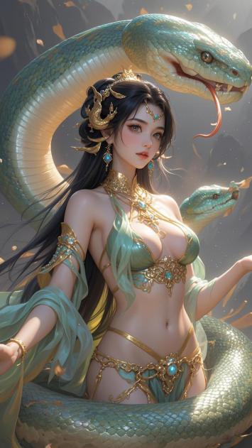 仙侠女神与灵蛇共舞的奇幻画卷