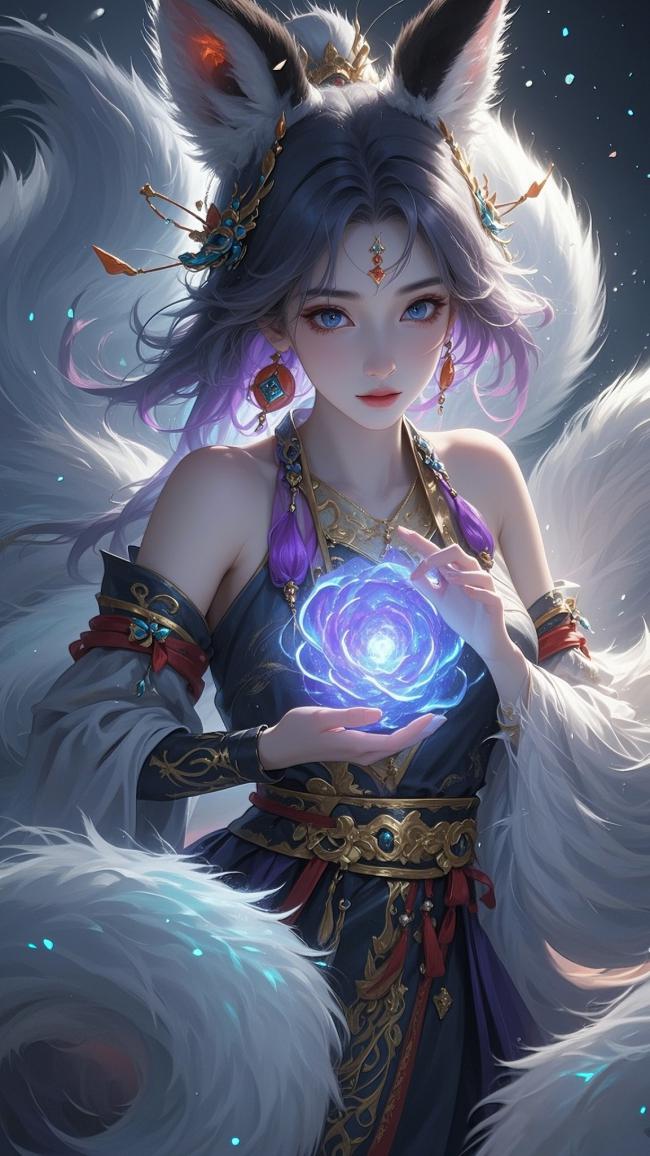 九尾狐妖持光球仙侠插画
