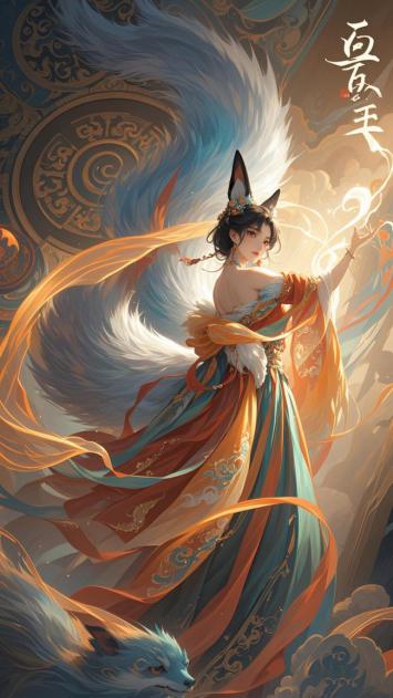 九尾狐仙汉服飘逸插画