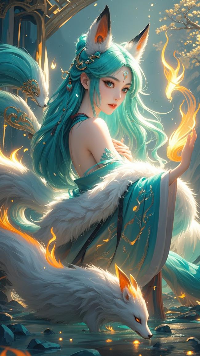 九尾狐仙持火立水畔，青衣飘逸幻境中