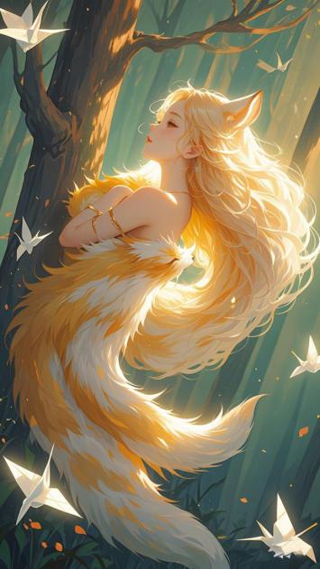 金发狐女林间静坐，纸鹤飞舞梦幻森境