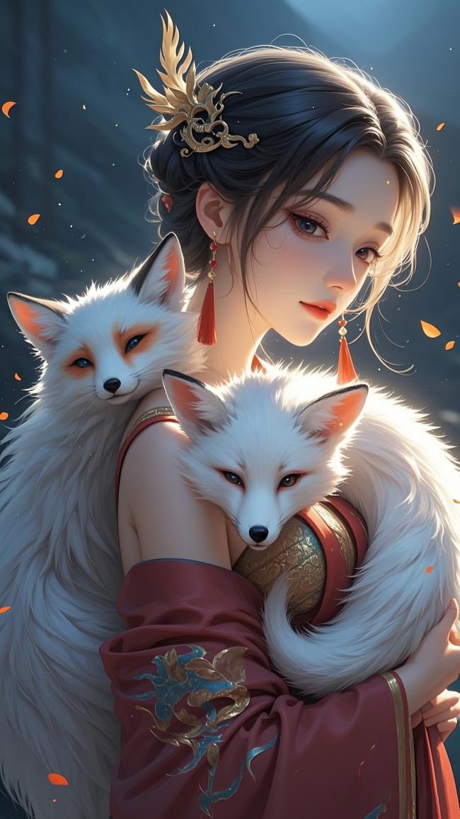 古风仙狐少女怀抱双狐，工笔重彩唯美画面