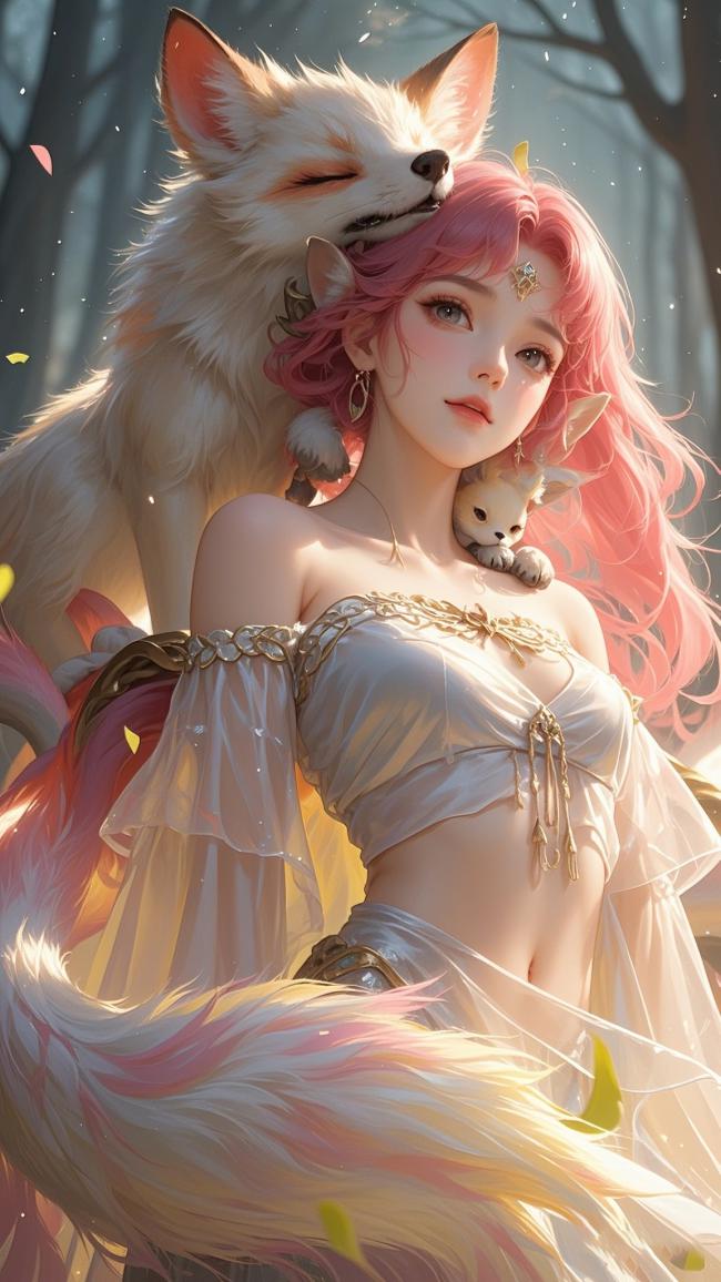 粉发狐仙与九尾相伴的梦幻森林插画