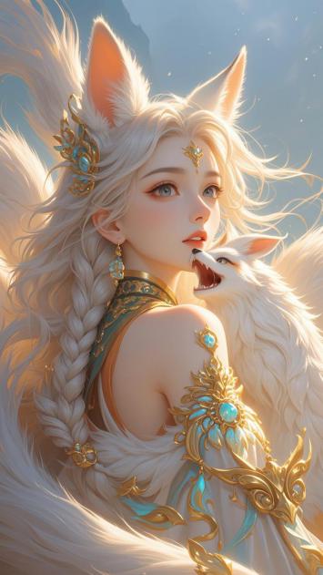 白狐仙子与九尾狐深情对视仙侠插画