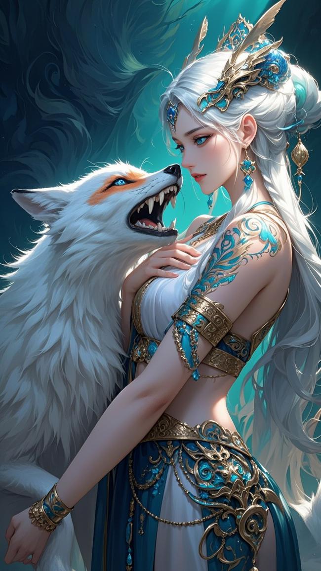 仙狐相伴的银发女神幻想插画