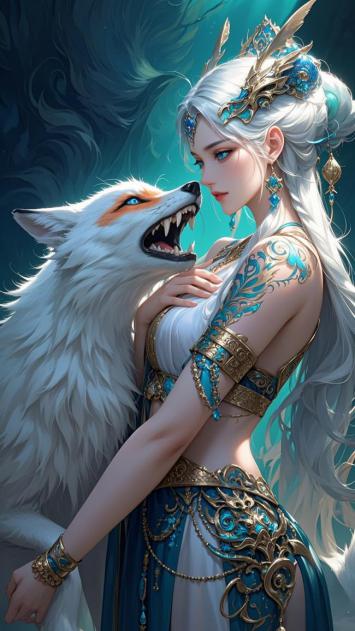 仙狐相伴的银发女神幻想插画