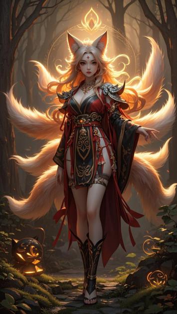 九尾狐妖战甲立林间，光影神圣如神祇降临