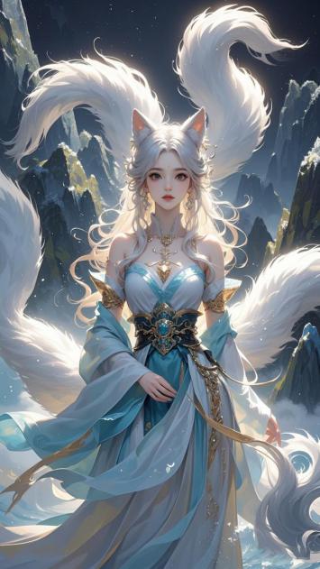 九尾狐仙立雪山之巅，仙气缭绕梦幻如画