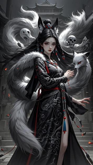 九尾狐仙黑袍立影，古风仙侠玄幻画面