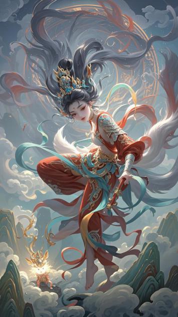 云海仙女神兽相伴，仙侠玄幻风绝美插画
