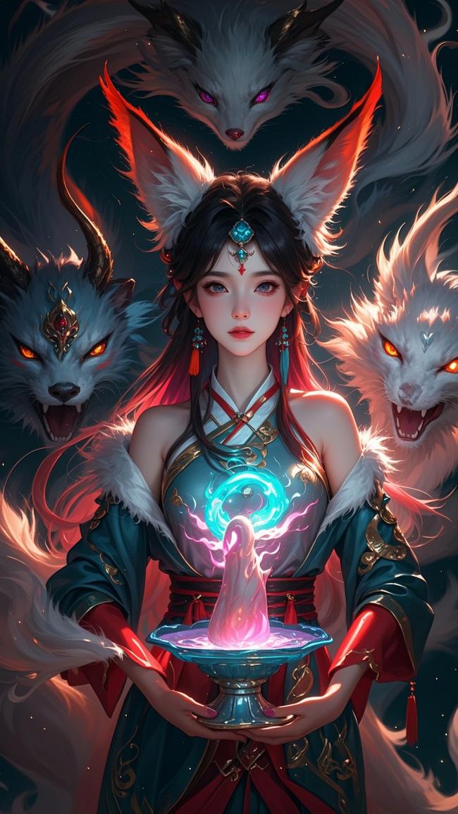 仙侠少女持法器，三狐神兽环绕