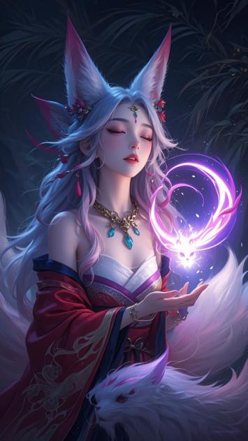 银发狐女施法，紫光灵狐环绕