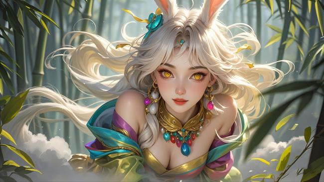 银发兔耳少女竹林写真，新国潮幻想风