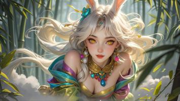 银发兔耳少女竹林写真，新国潮幻想风