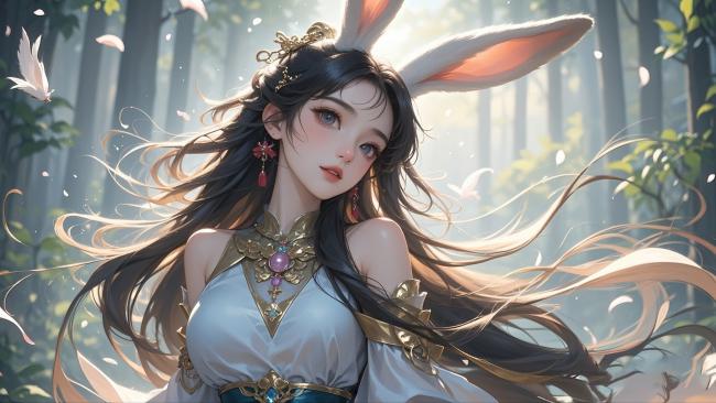 兔耳汉服少女森林写真，水墨动漫风格