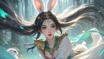 兔耳仙子林间漫步，水墨动漫风插画