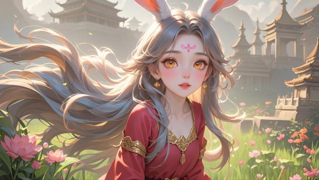 银发兔耳汉服少女·古风花海写真