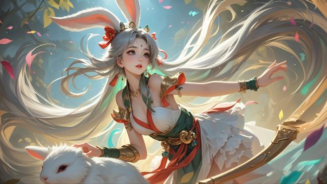 银发兔耳仙子持兔踏光图