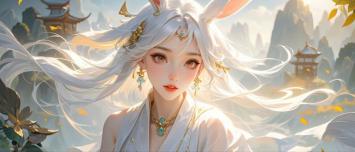 白发兔耳仙子立于云山之巅，仙气飘飘