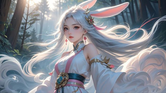 白发兔耳仙子林间漫步