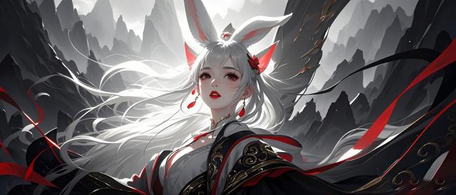 白发兔耳仙子立山巅，黑金汉服映红丝带